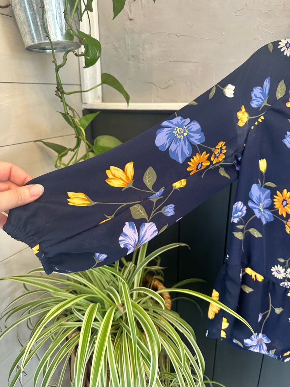 Old Navy Navy Floral Peasant Blouse with Blue and Yellow Flowers - Picture 4 of 10